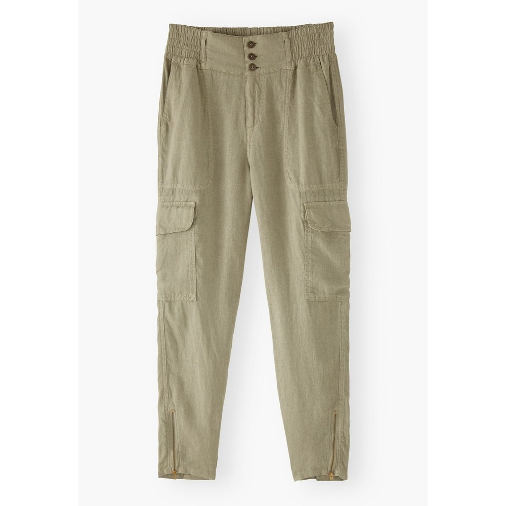 Wrap London Cargo Trousers Pale Khaki Garment-Dyed Linen High Rise Zip Accent 10